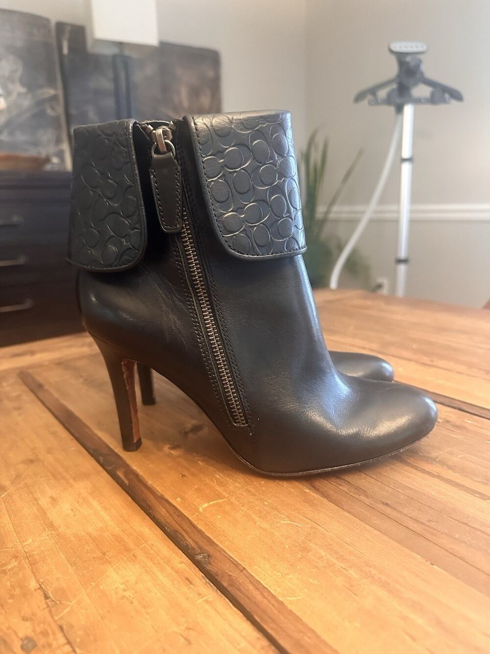 Coach Mackenna Size 8 High Heel Booties Boots Embossed Cuff Leather Black